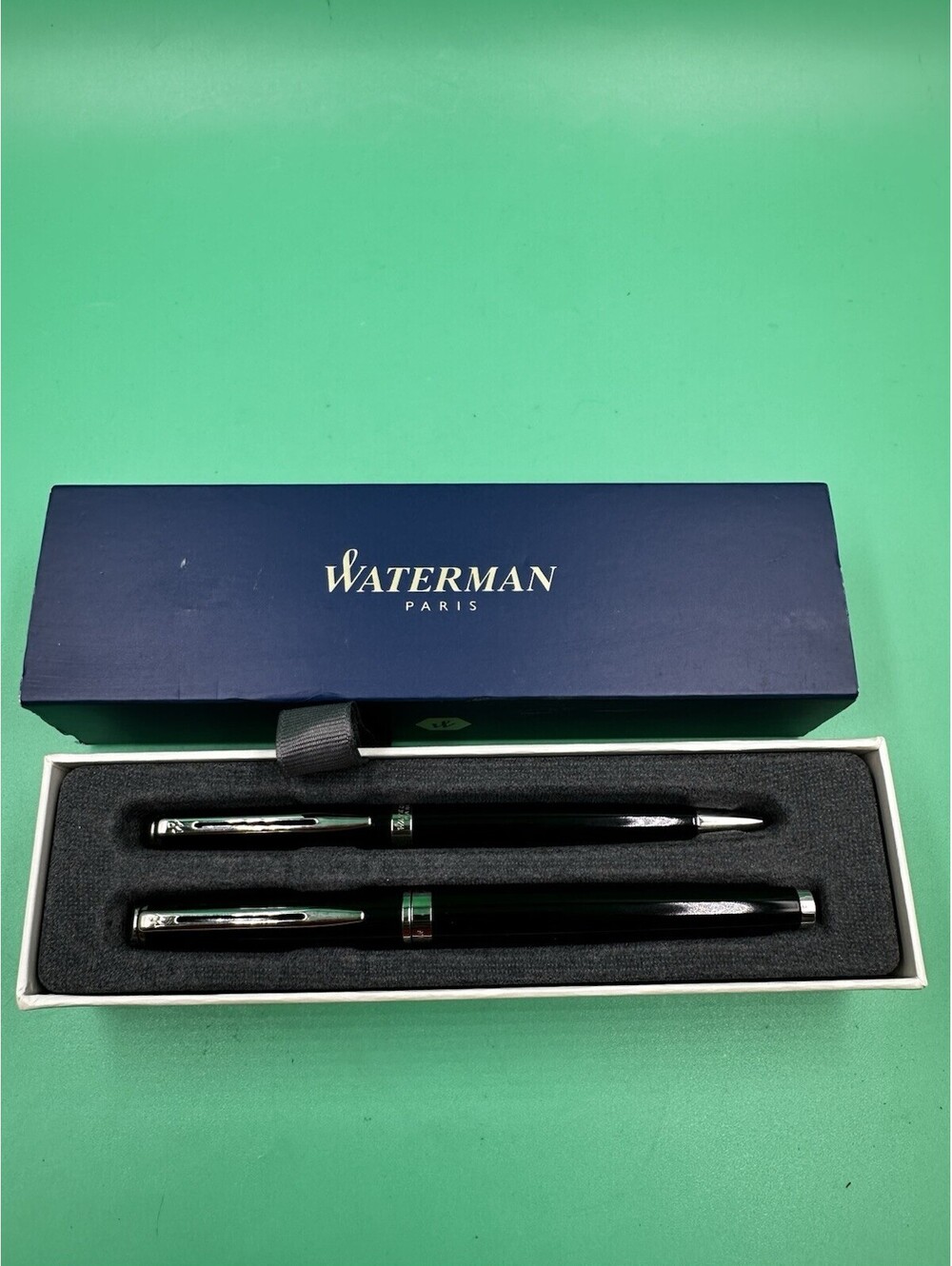 WATERMAN Rollerball Pen and Ballpoint Pen Set In Black Lacquer & Silver Trim